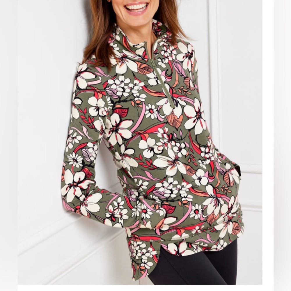 Talbots Classic French Terry Quarter Zip Pullover Floral Print Women’s XL Petite